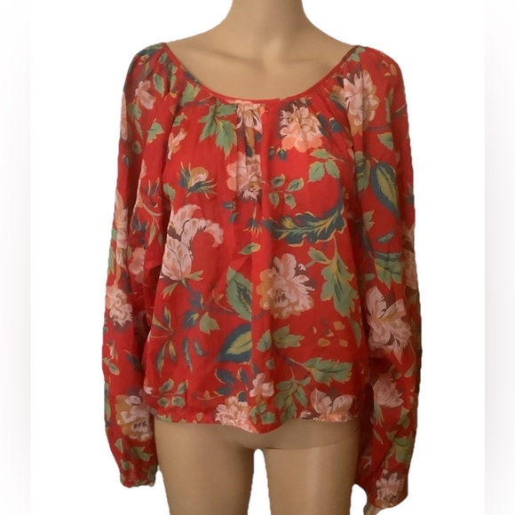 Maeve by Anthropologie Red Floral Peasant Blouse - Women's Top retro Sz L - Picture 2 of 13